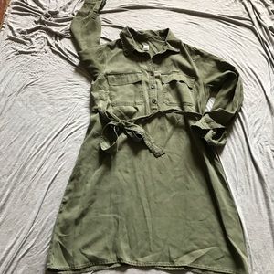 Olive green shirt dress, long sleeve, button front